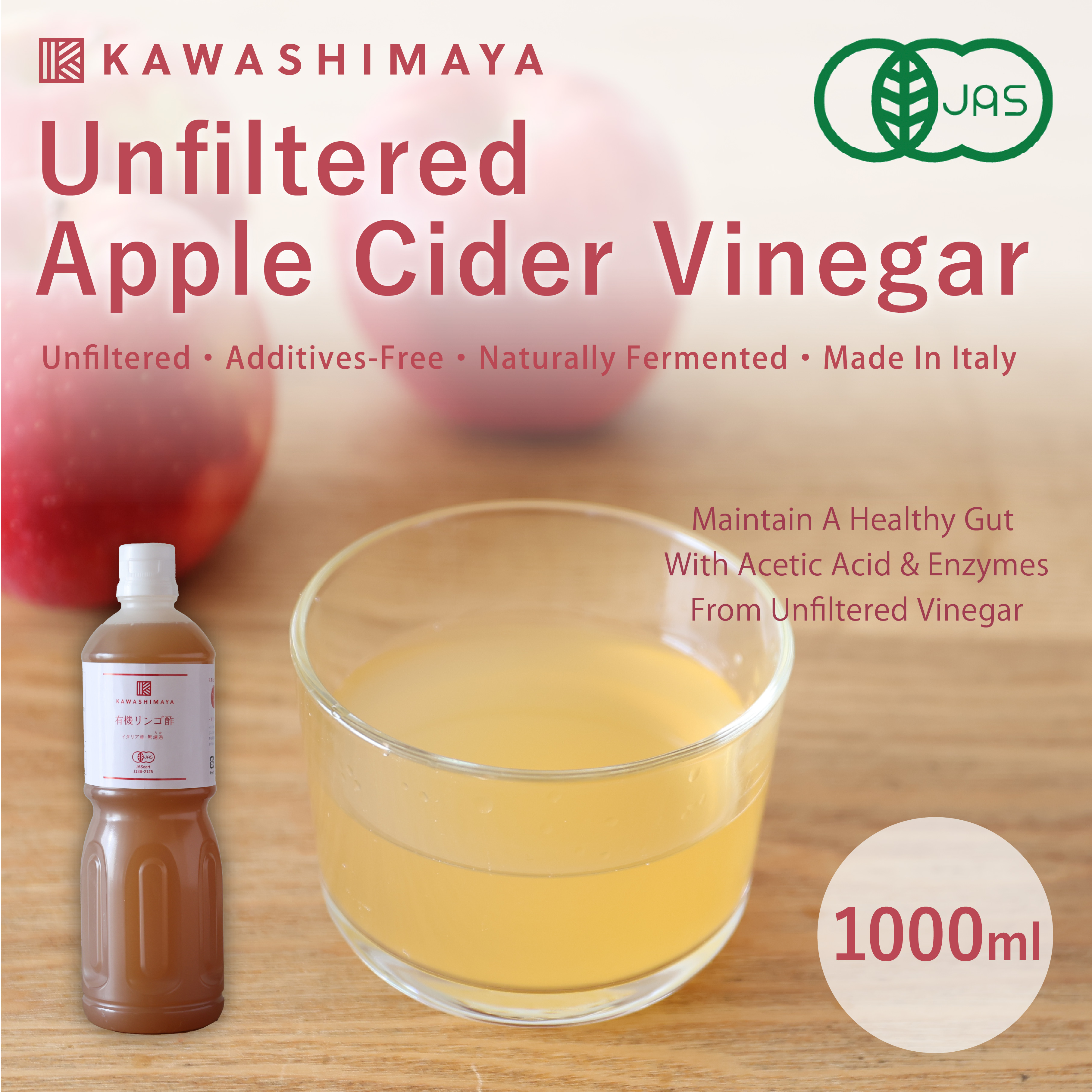 Unfiltered Apple Cider Vinegar 1000ml - Additives-Free, Naturally Ferm –  kawashimaya the japanstore